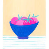 Original gouache illustration of a blue bowl with pink tomatoes on a light yellow background