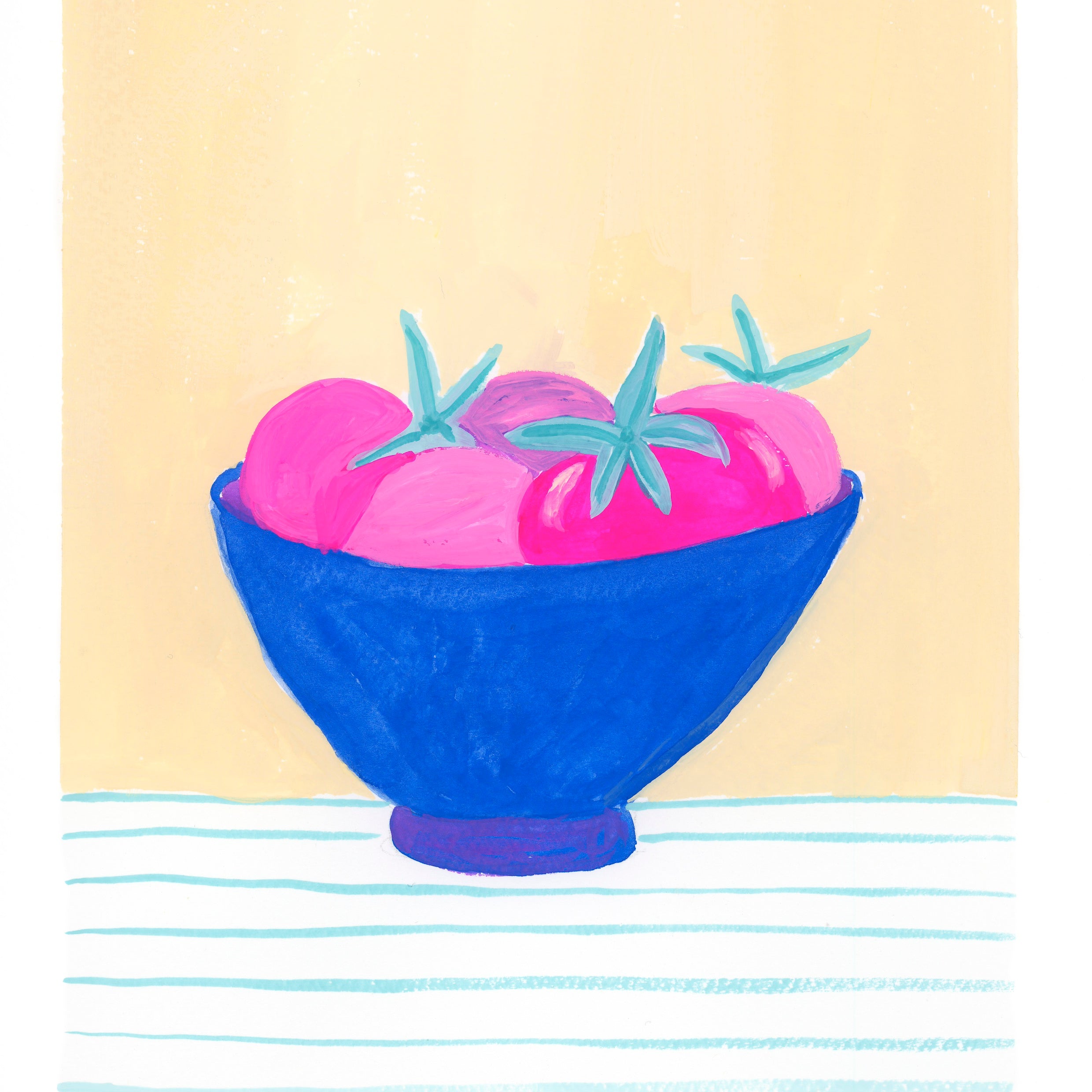 Original gouache illustration of a blue bowl with pink tomatoes on a light yellow background