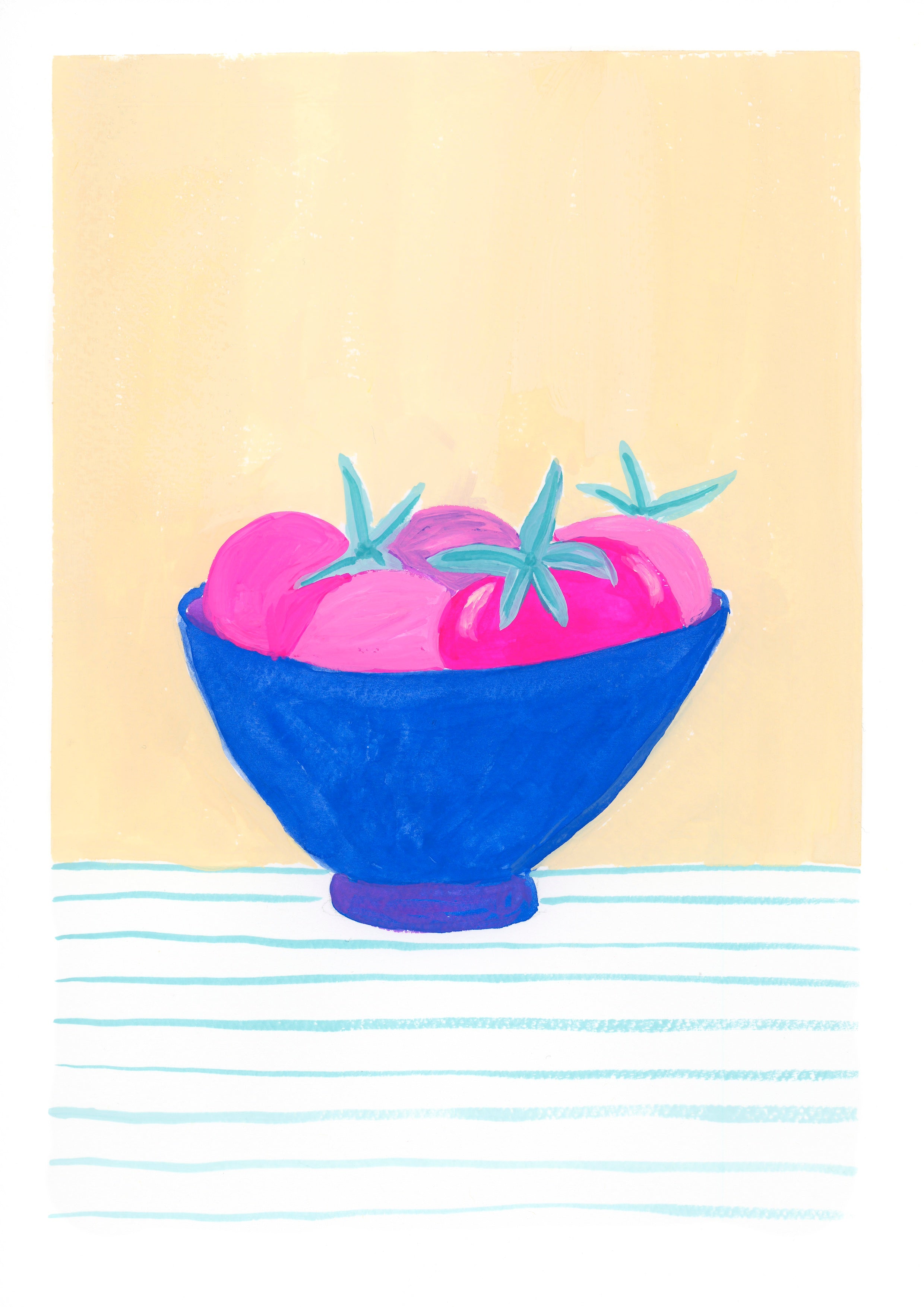 Original gouache illustration of a blue bowl with pink tomatoes on a light yellow background