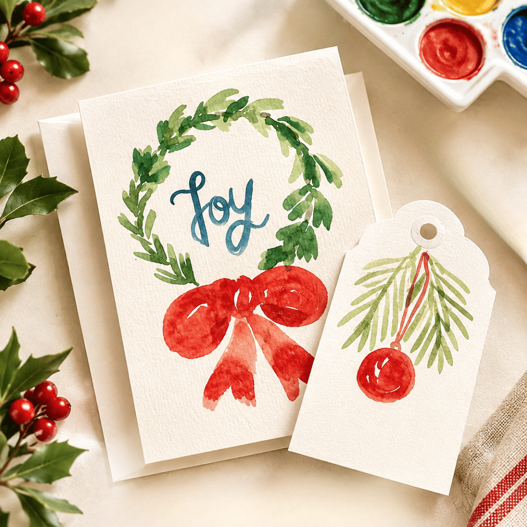 Christmas Cards Hand-painted  with matching Gift Tag