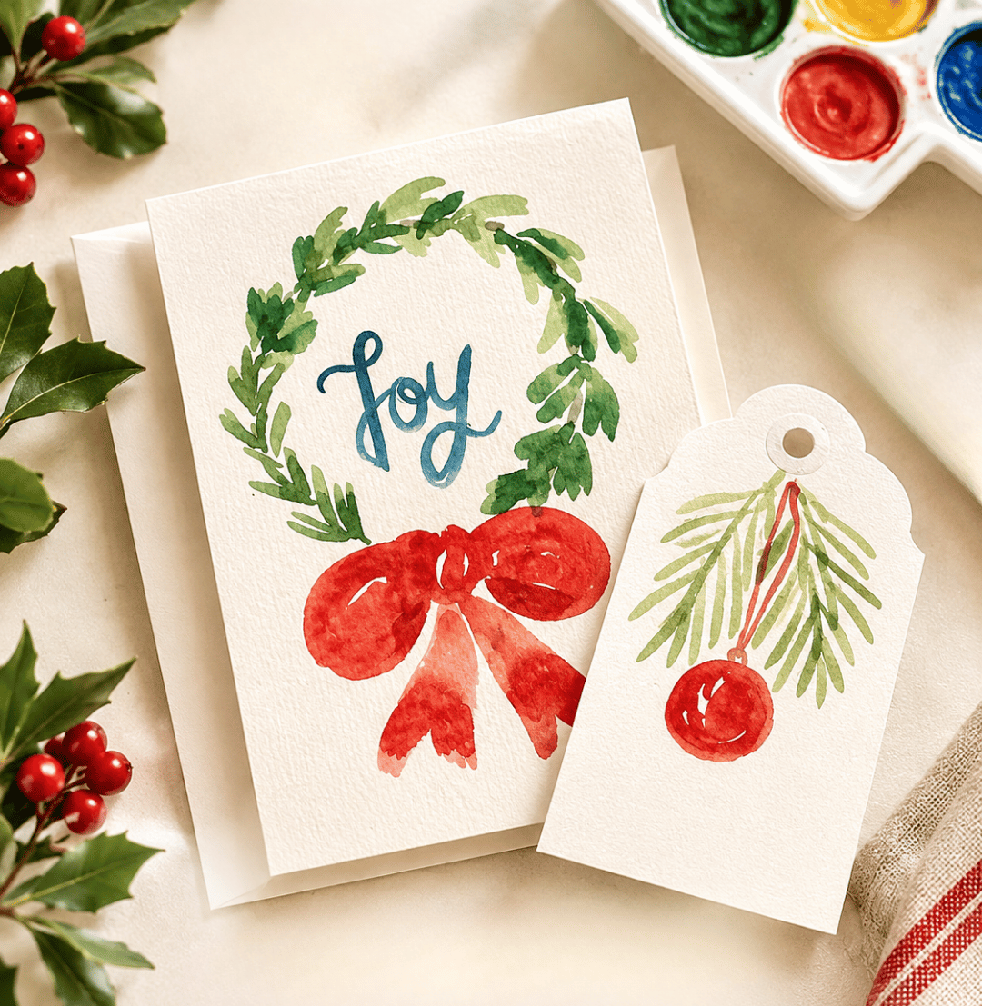 Christmas Cards Hand-painted  with matching Gift Tag