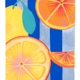 Orange and lemon slices gouache illustration on a blue and white striped background