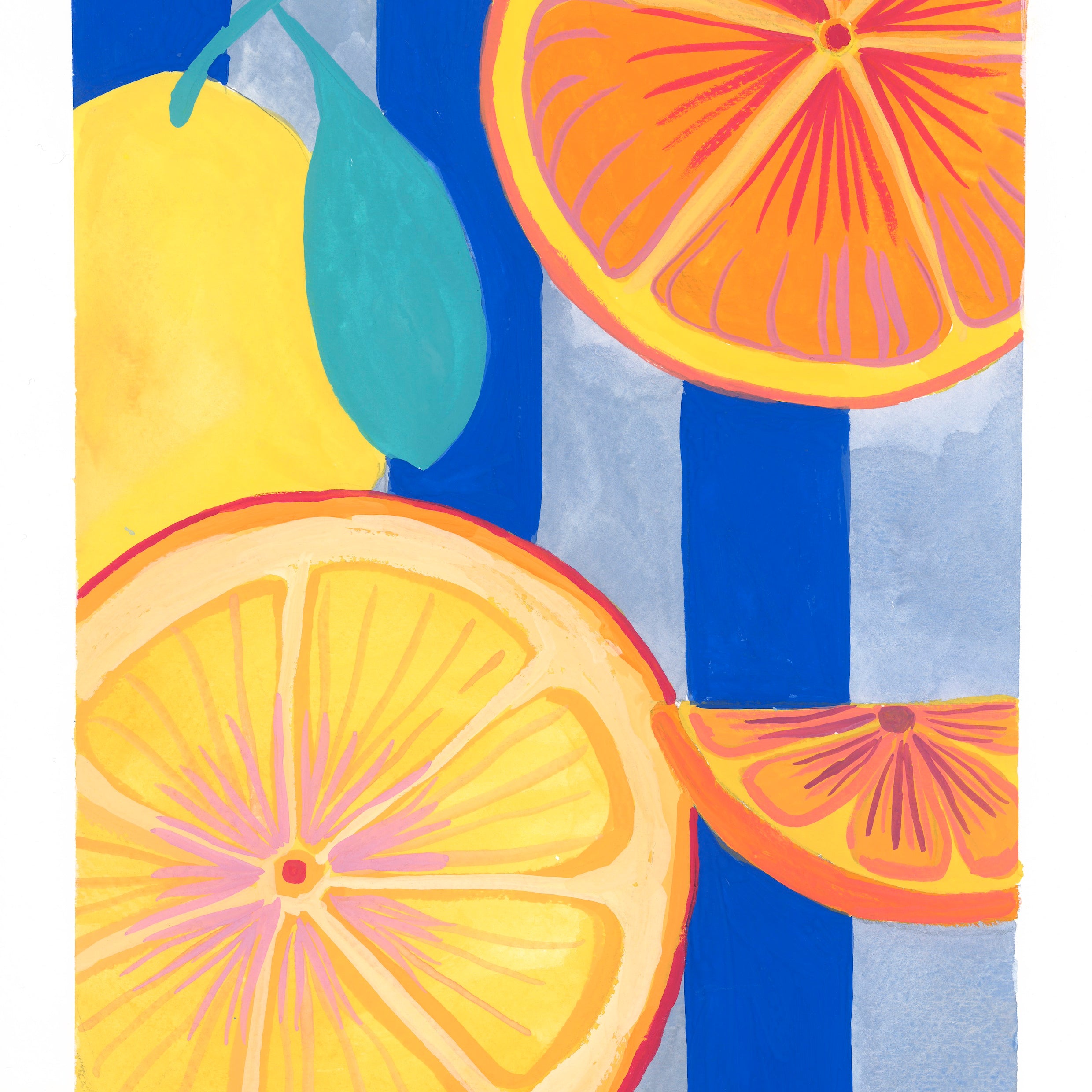 Orange and lemon slices gouache illustration on a blue and white striped background