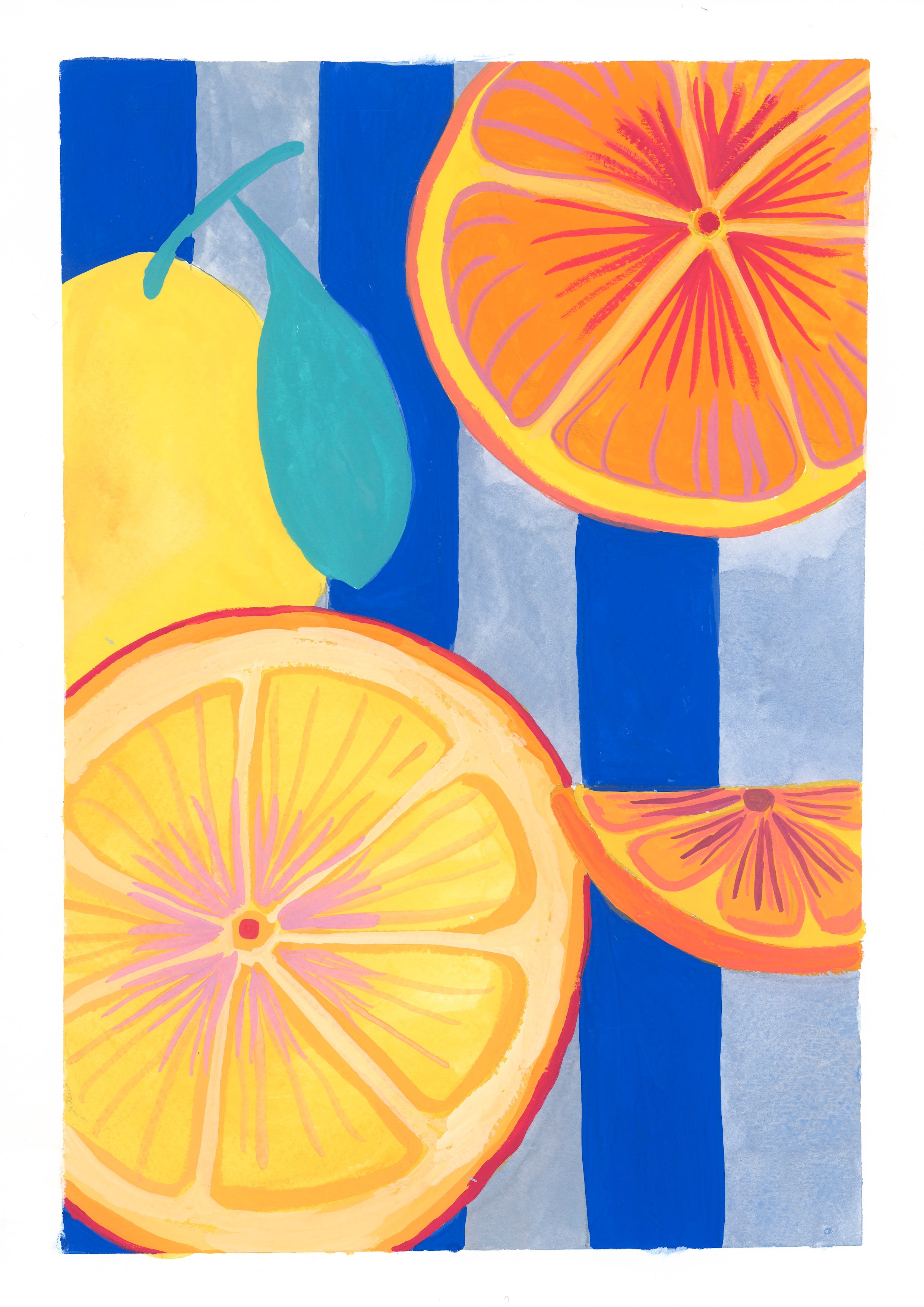 Orange and lemon slices gouache illustration on a blue and white striped background