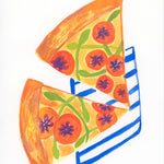 Colourful illustration of a pizza slice with a blue straw on a white background. Gouache on watercolour paper.