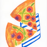 Colourful illustration of a pizza slice with a blue straw on a white background. Gouache on watercolour paper.