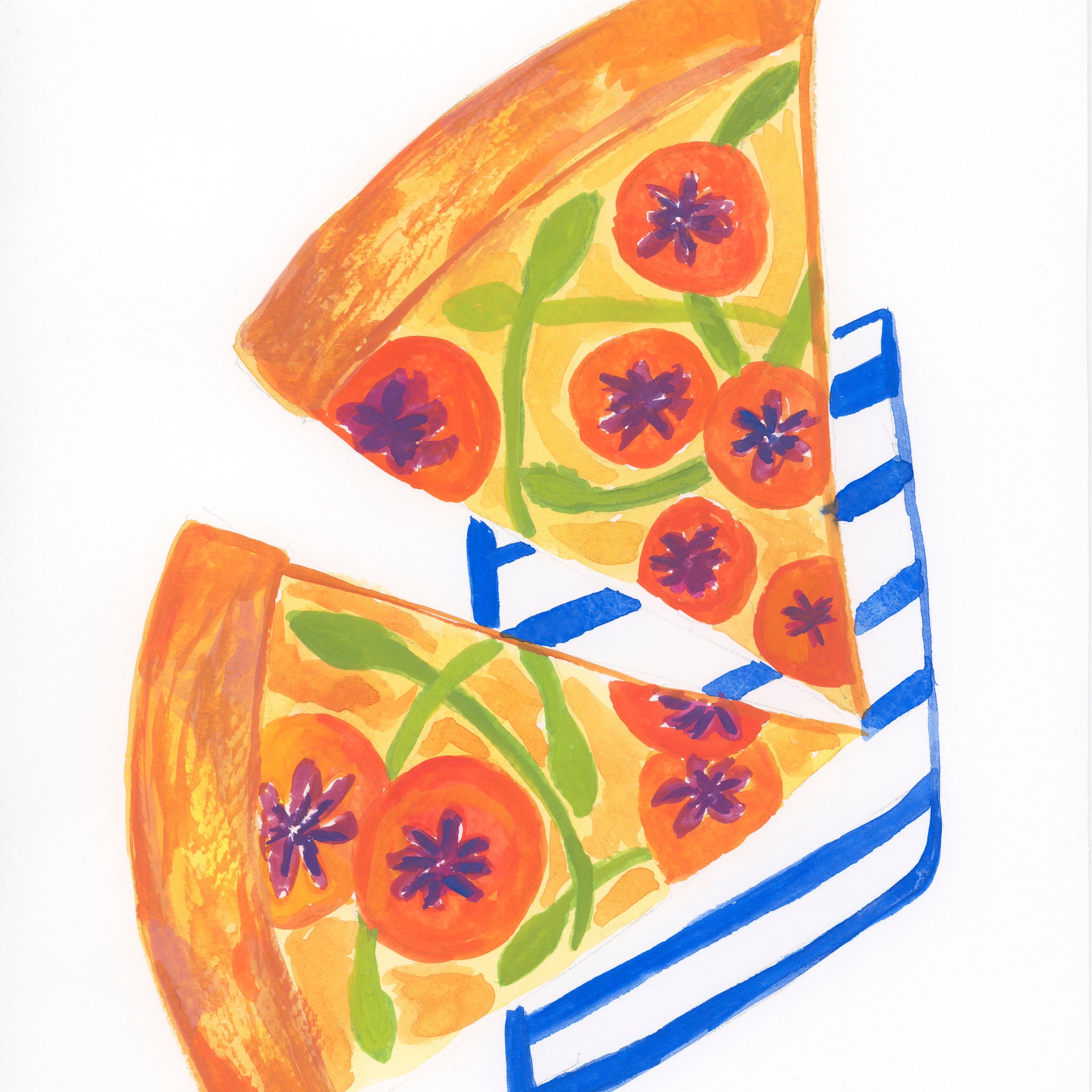 Colourful illustration of a pizza slice with a blue straw on a white background. Gouache on watercolour paper.