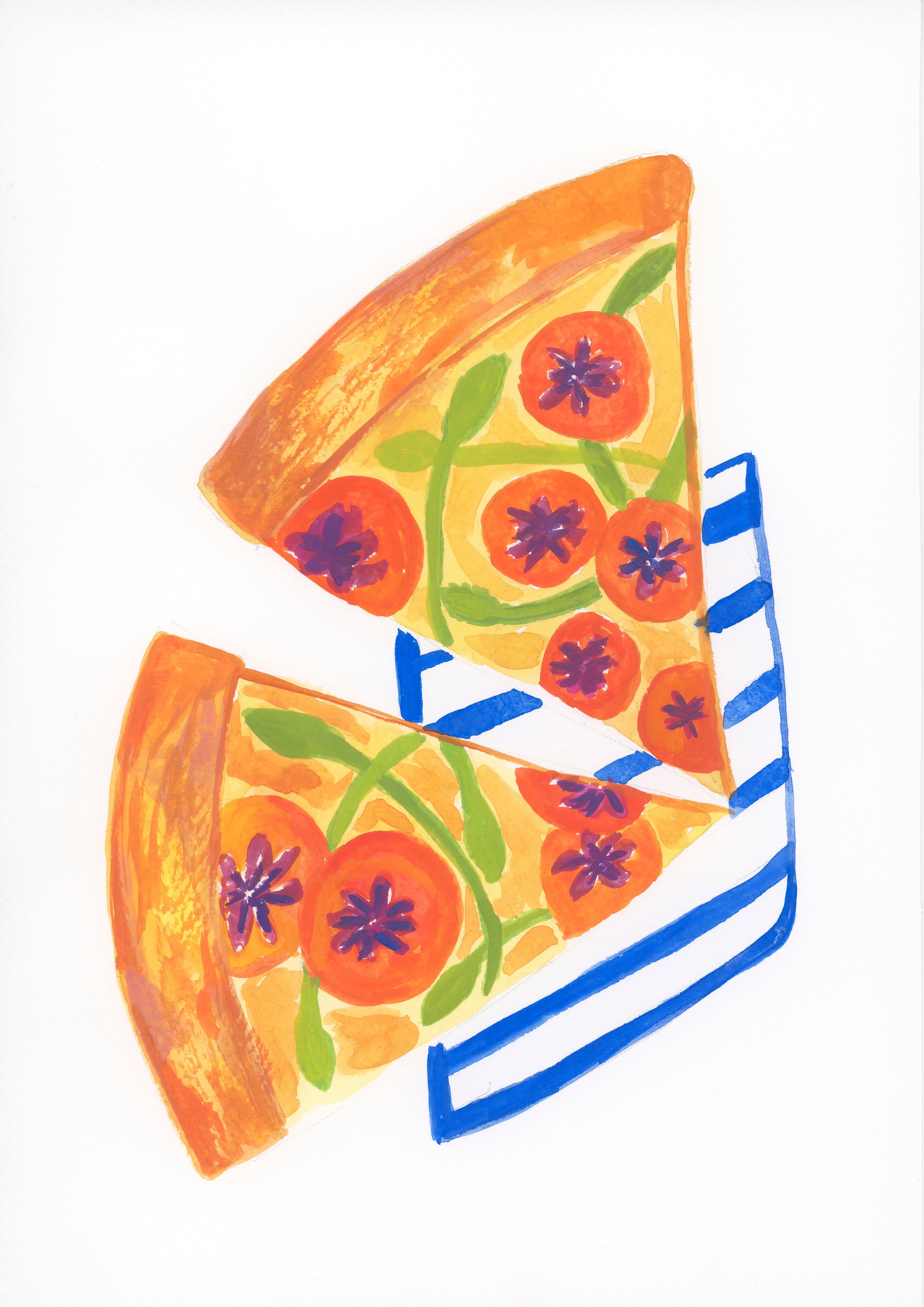 Colourful illustration of a pizza slice with a blue straw on a white background. Gouache on watercolour paper.