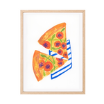 Framed original artwork featuring a gouache painting of two slices of pizza on a blue striped napkin on a white background, enclosed in a light natural wood frame.
