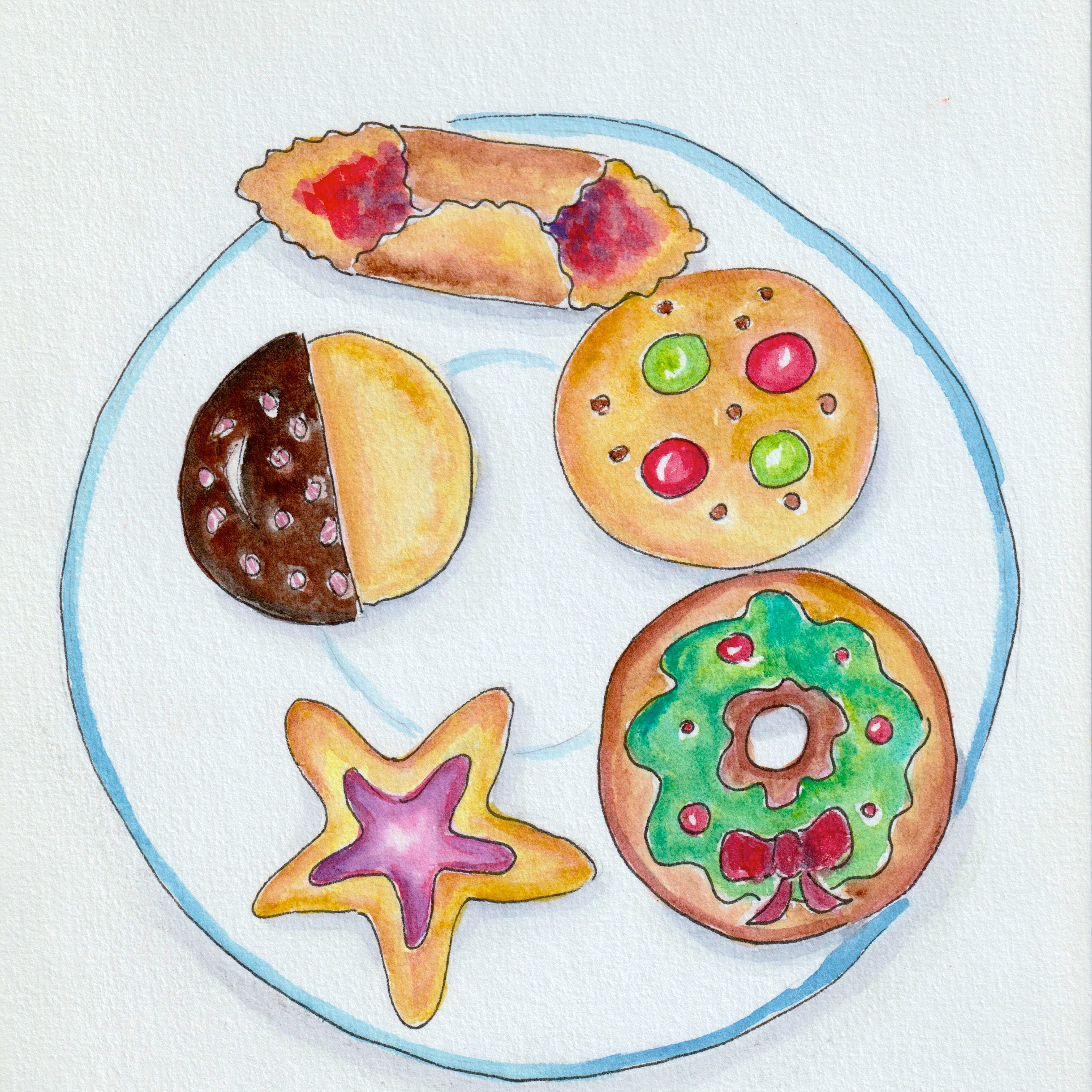 Christmas cookies to paint using watercolour. Learning wet on dry and wet on wet techniques as well as layering. Fun project