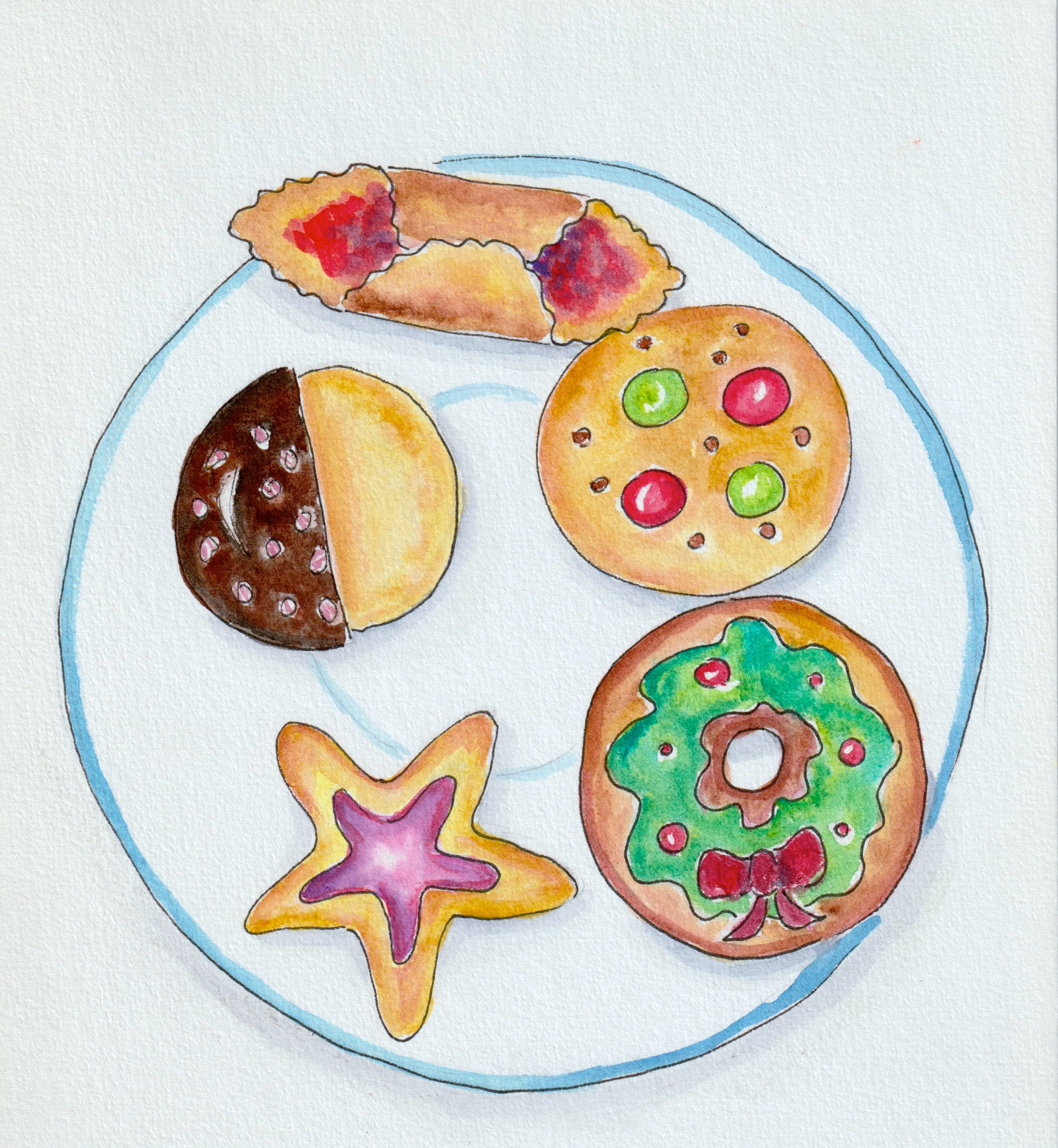 Christmas cookies to paint using watercolour. Learning wet on dry and wet on wet techniques as well as layering. Fun project