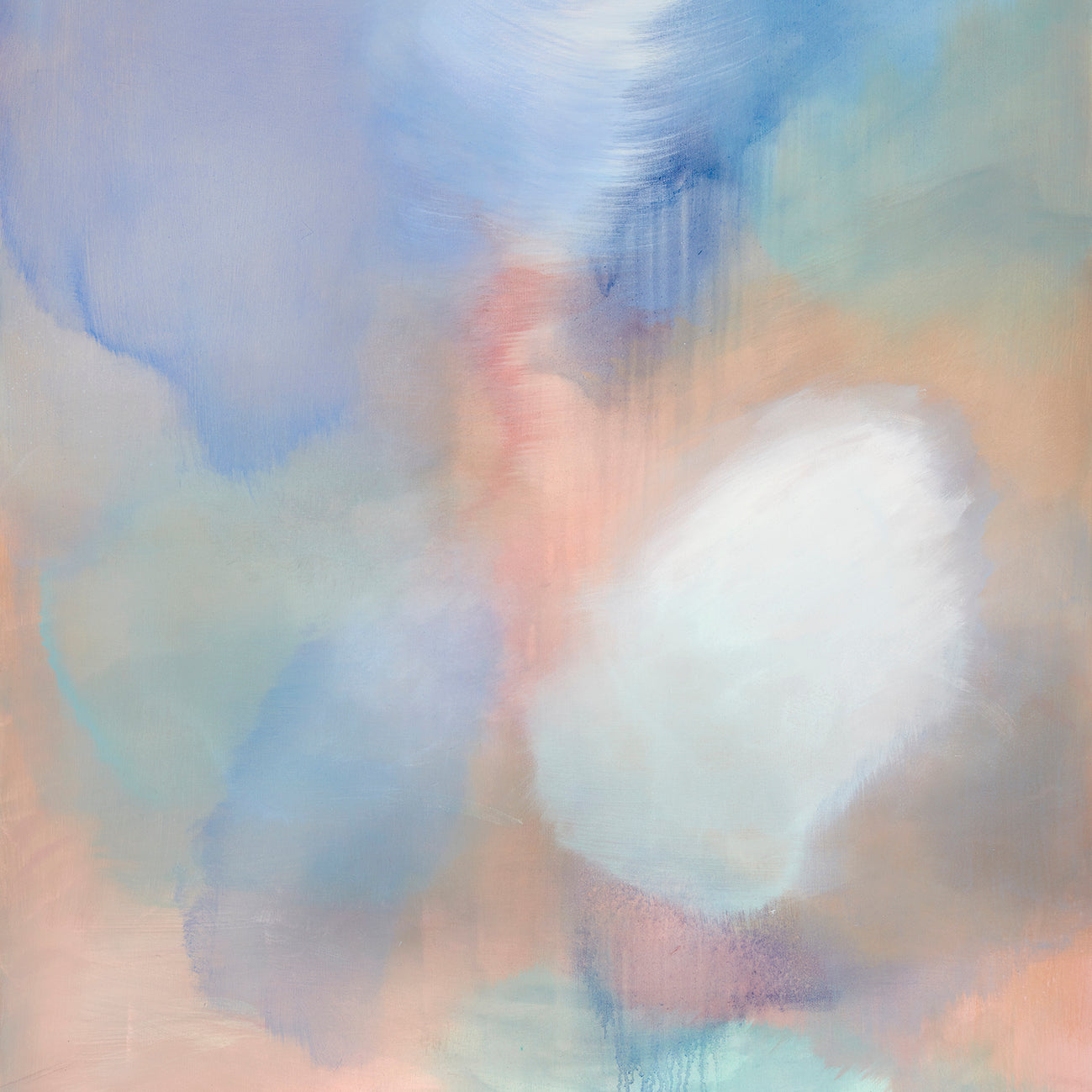 Abstract pastel painting with soft blended areas of blue, pink, peach, beige, and white, with painterly brushstrokes and drips near the bottom.