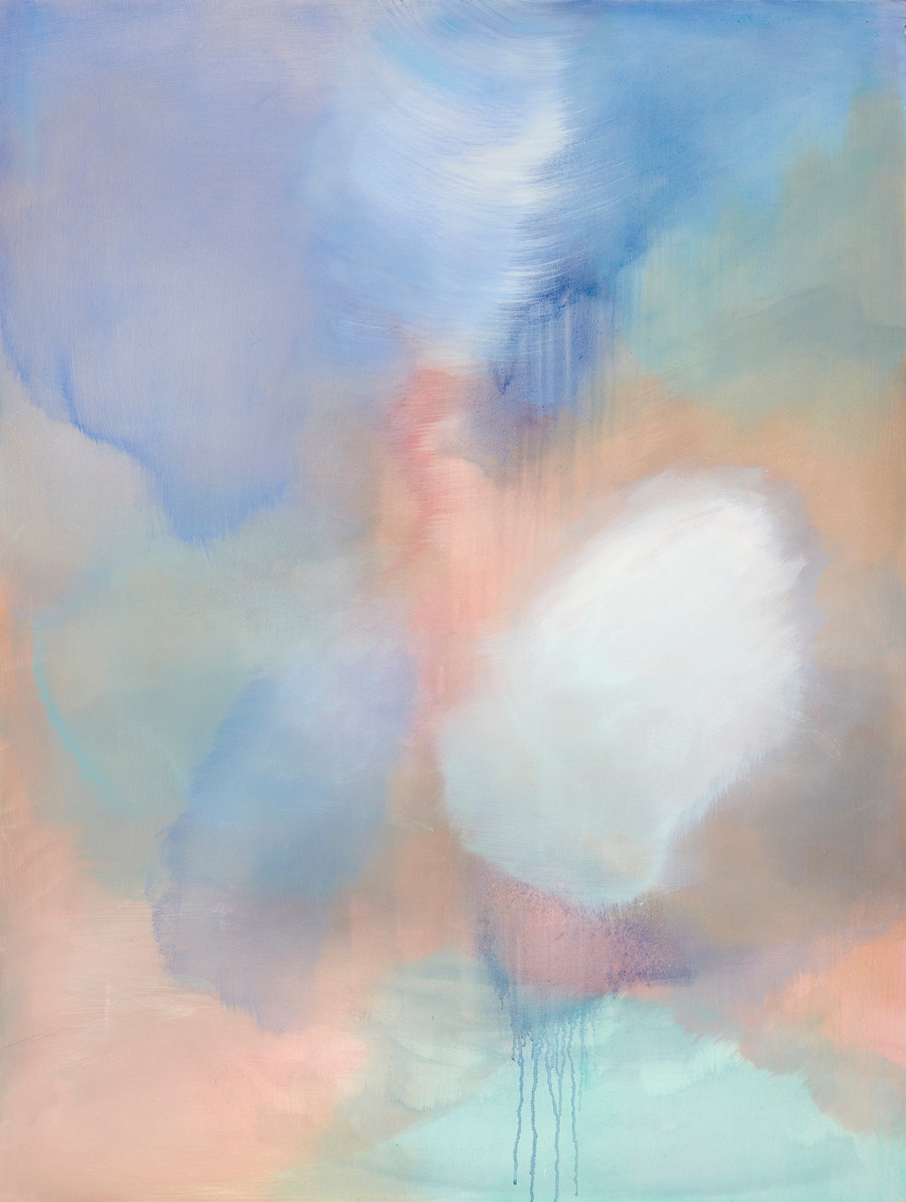 Abstract pastel painting with soft blended areas of blue, pink, peach, beige, and white, with painterly brushstrokes and drips near the bottom.