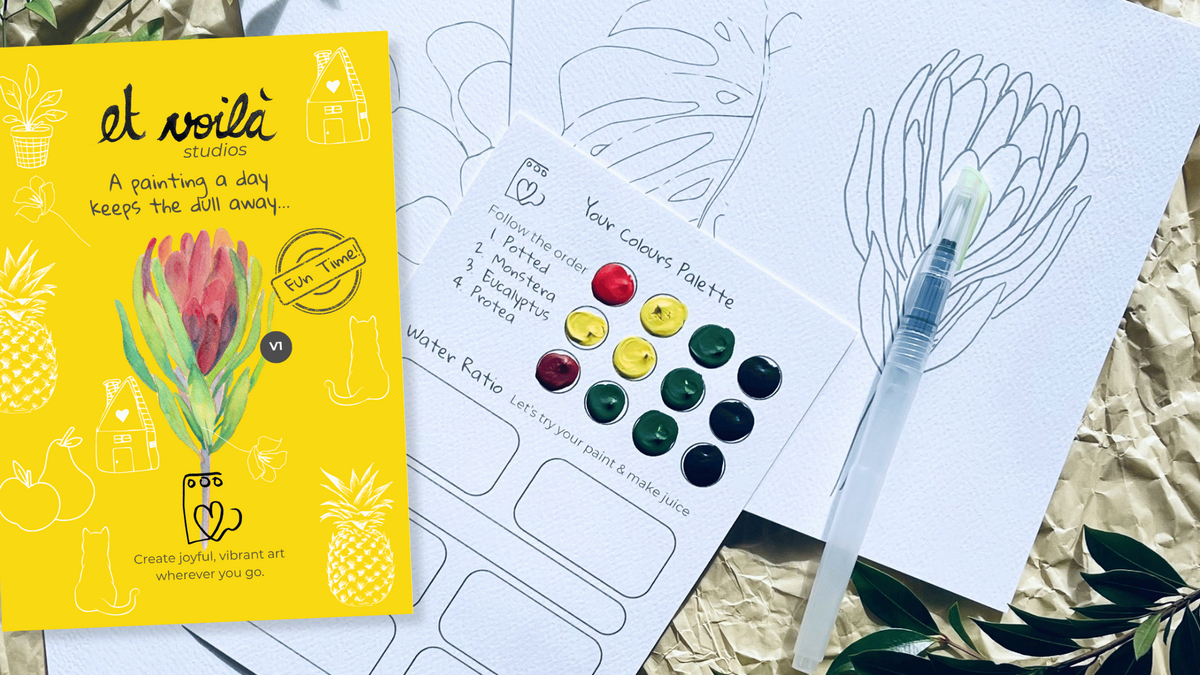 Et Voilà Watercolour Dot Kit with Australian-inspired painting templates, dot paints and water brush.