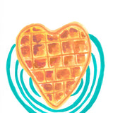 A heart-shaped waffle illustration with orange-brown grid lines and a teal circular swirl behind it on a white background.