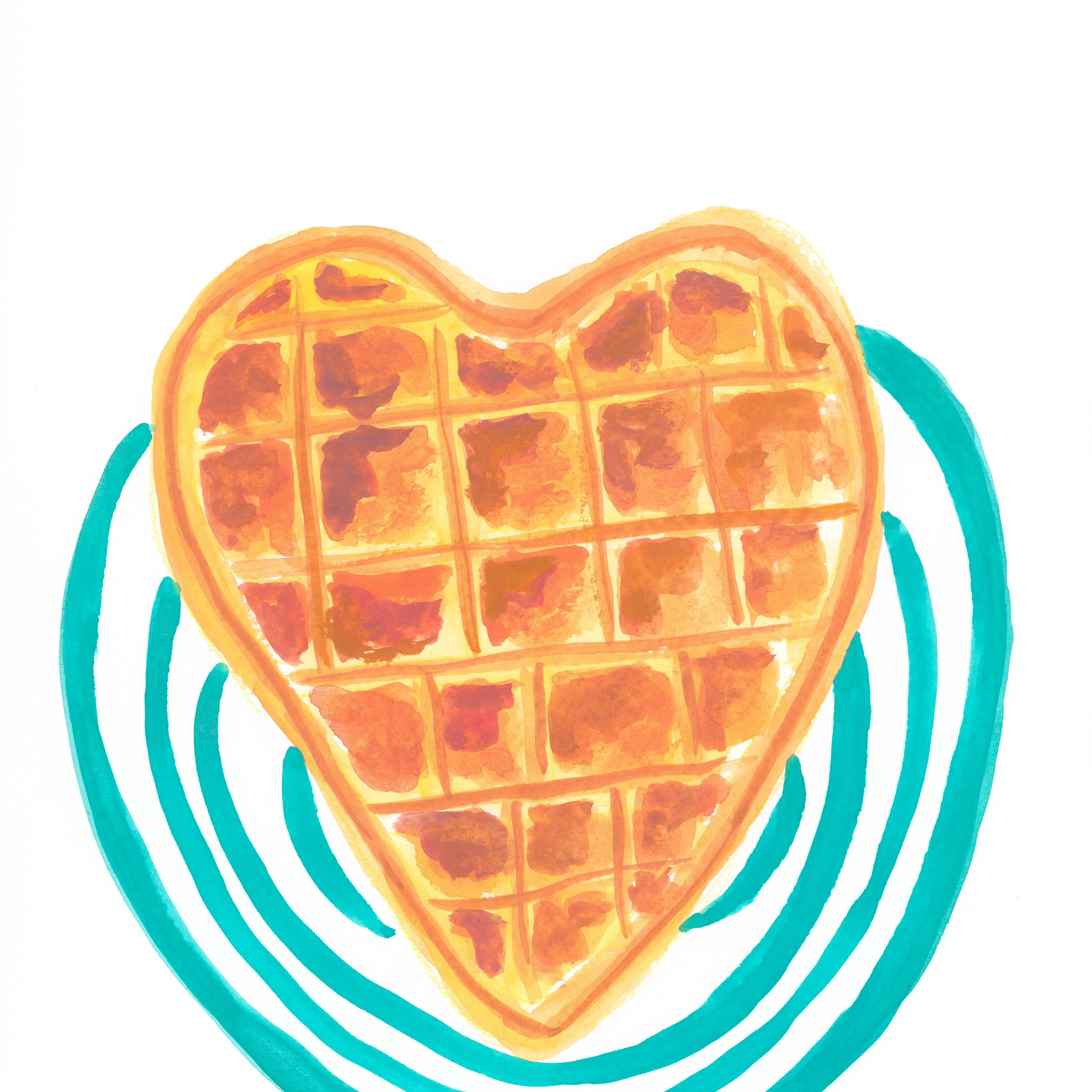 A heart-shaped waffle illustration with orange-brown grid lines and a teal circular swirl behind it on a white background.