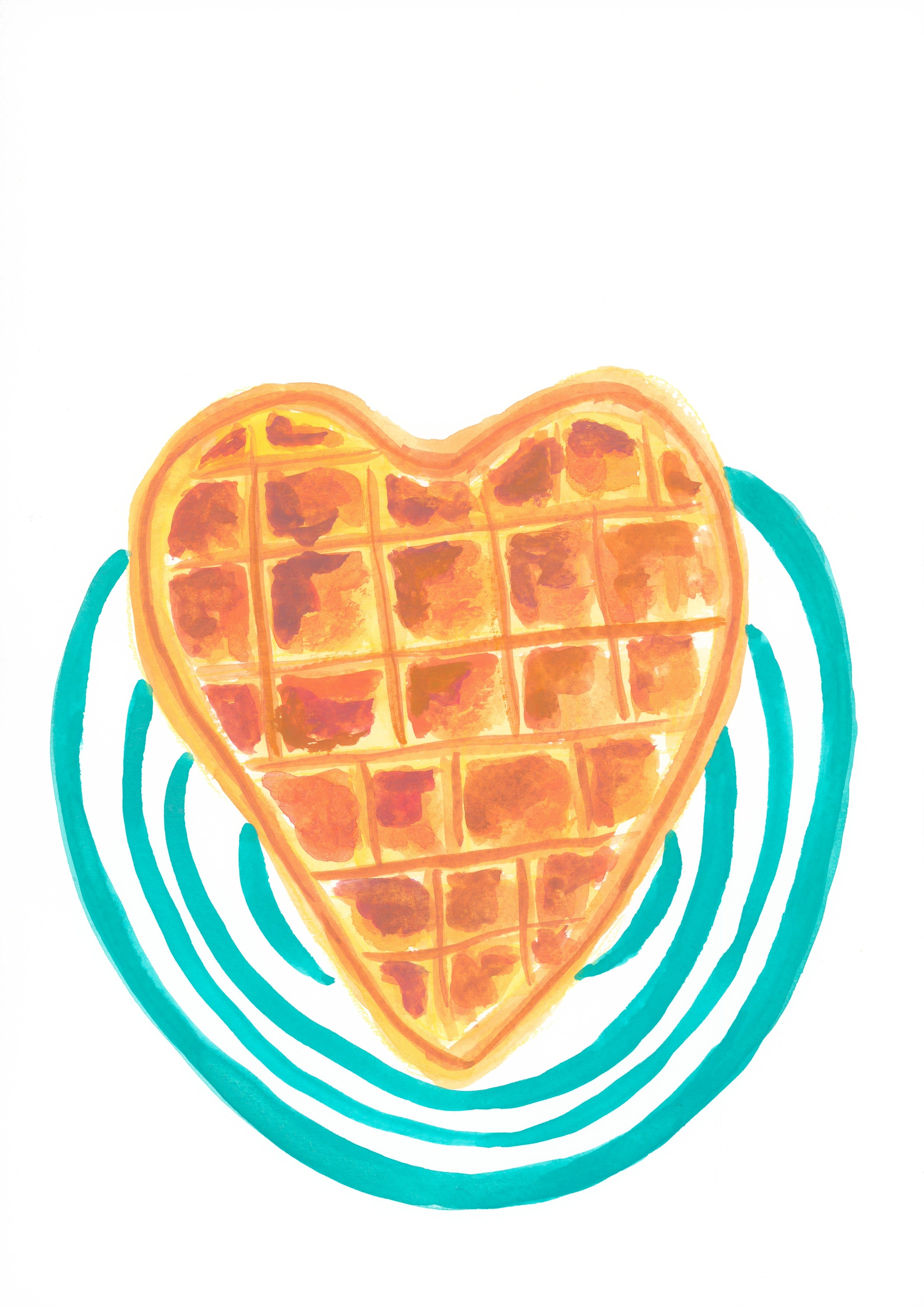 A heart-shaped waffle illustration with orange-brown grid lines and a teal circular swirl behind it on a white background.