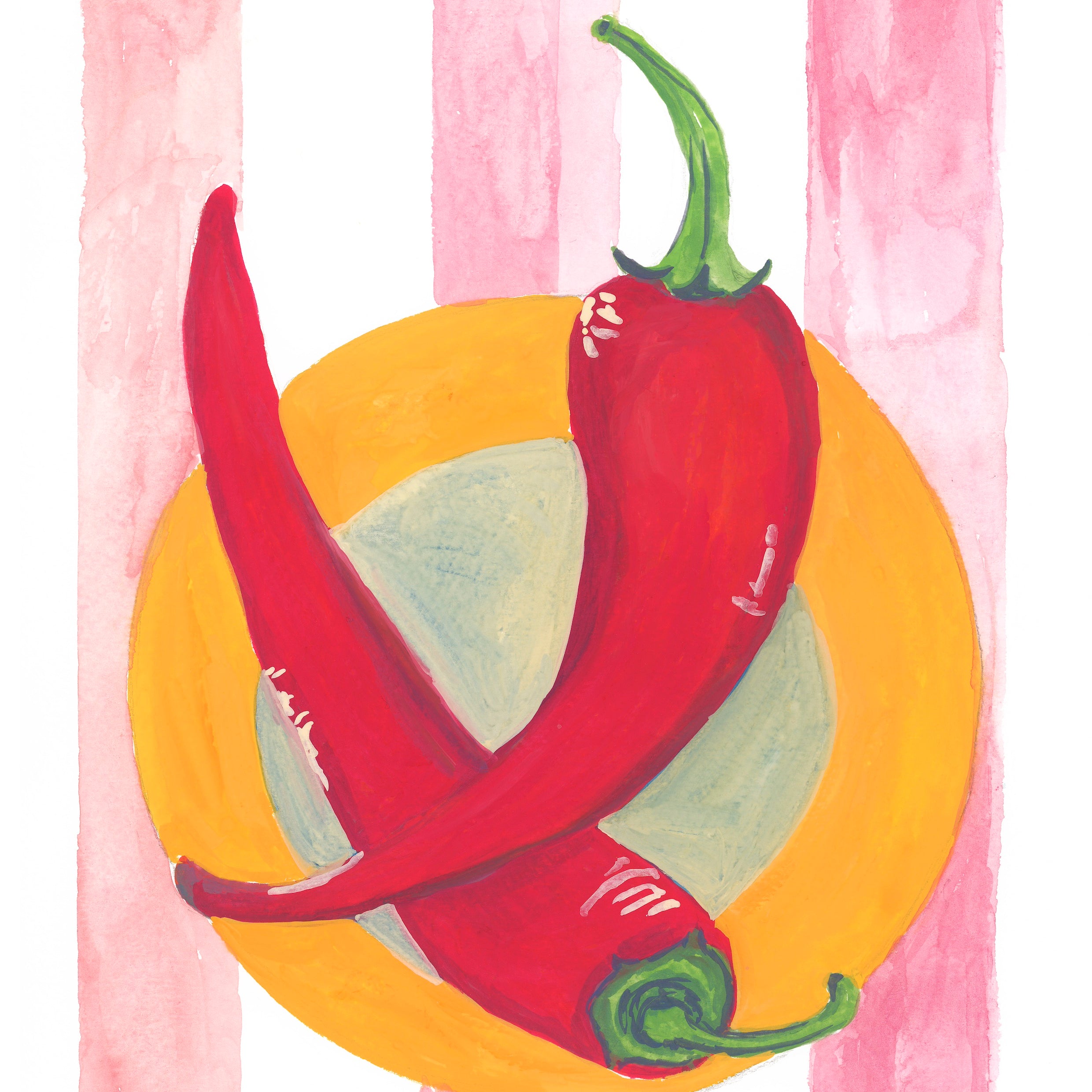 Two red chili peppers on a yellow orange plate with pink vertical stripes in the background