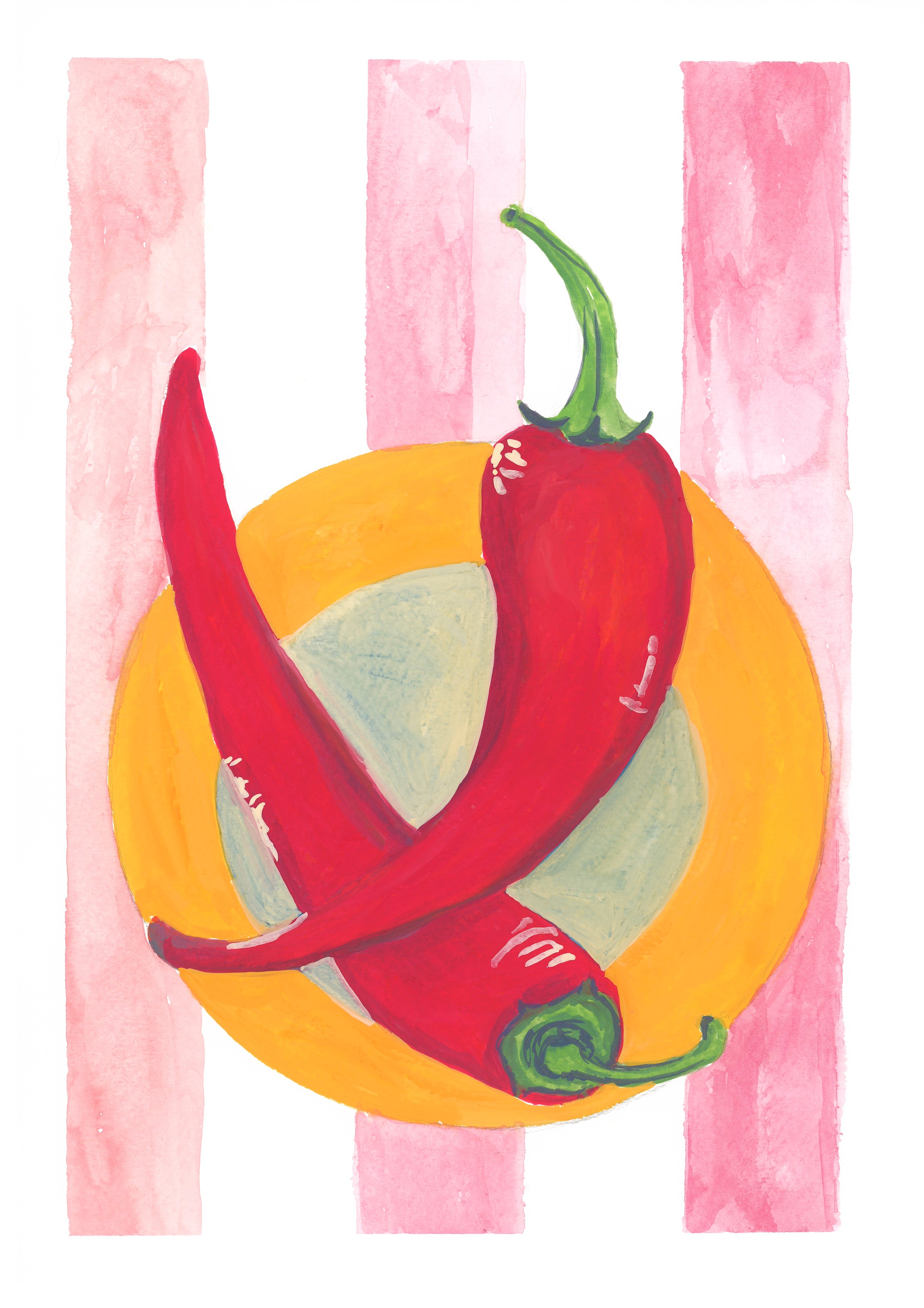 Two red chili peppers on a yellow orange plate with pink vertical stripes in the background