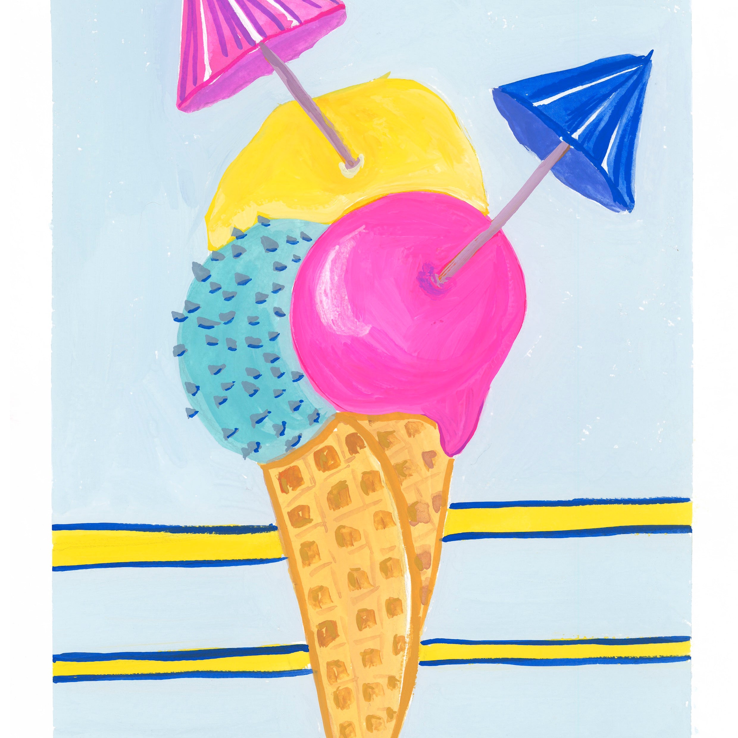 Colourful ice cream cone with umbrellas on a striped background