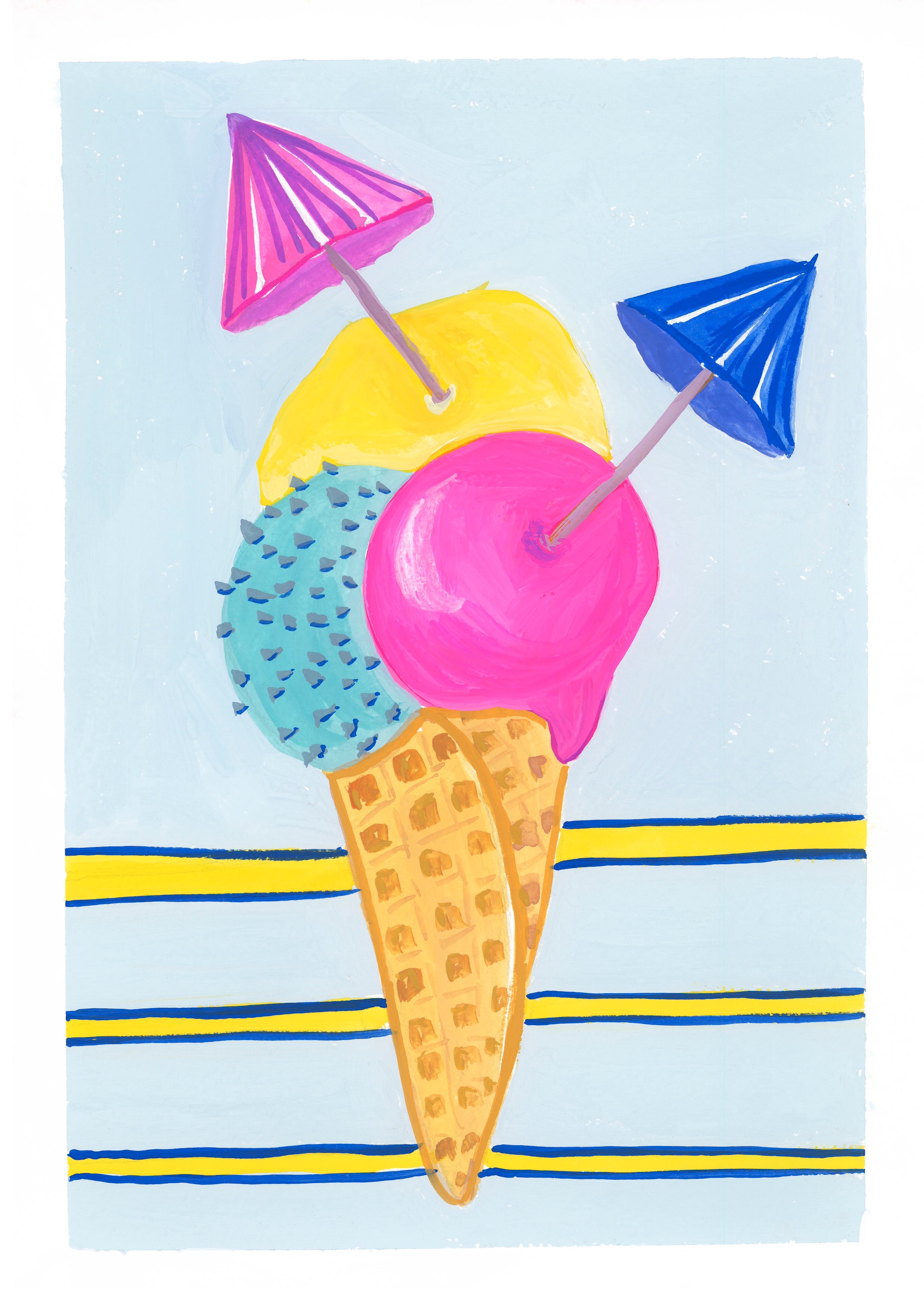 Colourful ice cream cone with umbrellas on a striped background