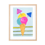 Framed original gouache artwork featuring a whimsical ice cream cone illustration with three colourful scoops, pink umbrellas, and blue and yellow stripes on a light blue background, set in a light wood frame with a white mat.
