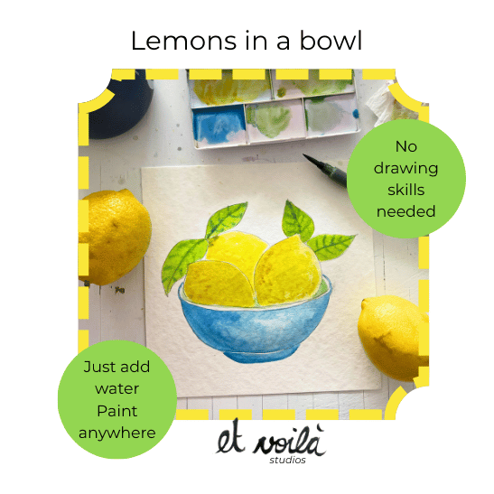 Mini Et Voila watercolour kit with lemons in a blue bowl