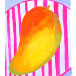 A colourful gouache painting of a mango on a pink and white striped plate against a light blue background.