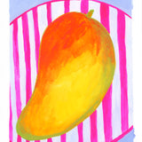 A colourful gouache painting of a mango on a pink and white striped plate against a light blue background.