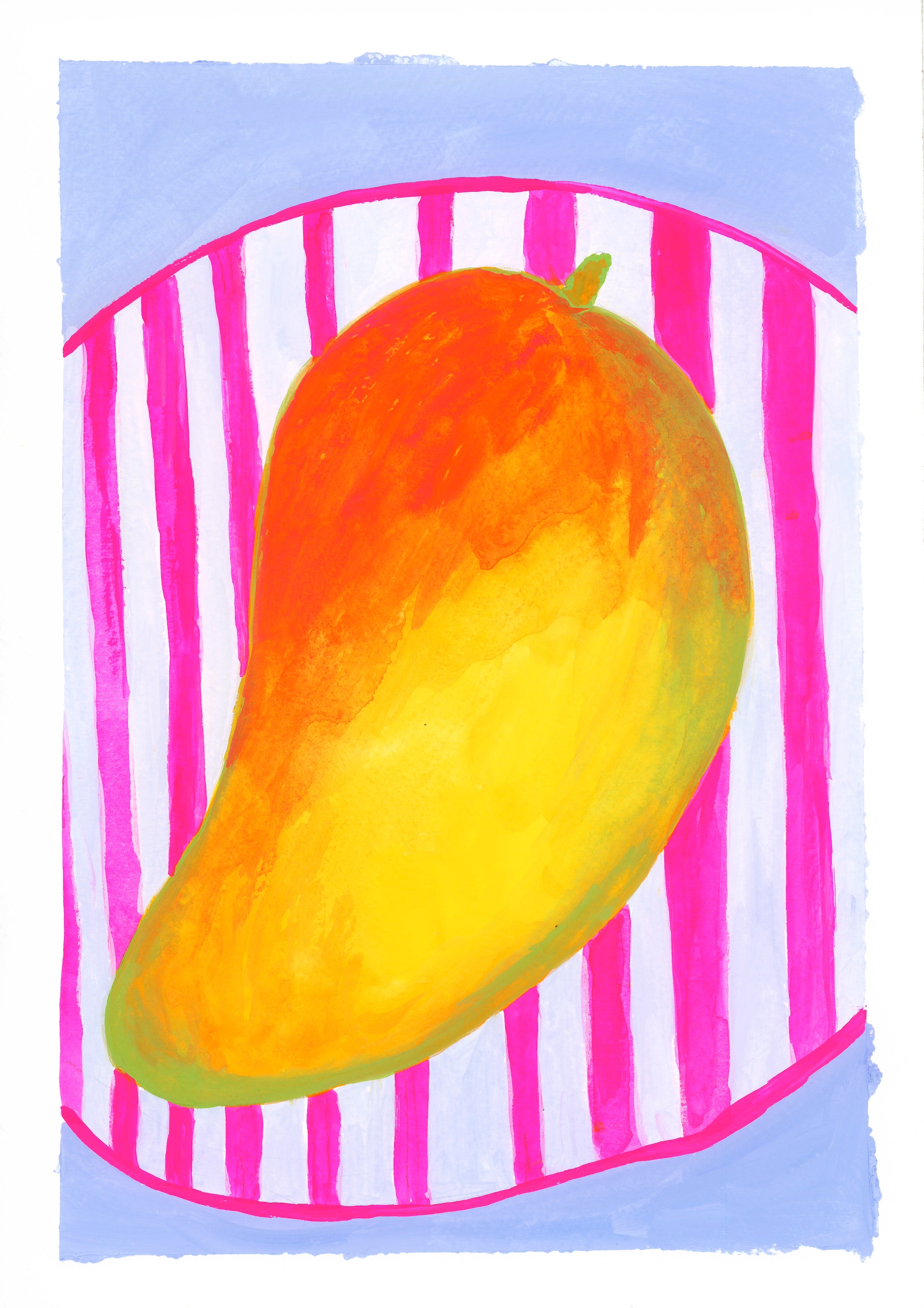 A colourful gouache painting of a mango on a pink and white striped plate against a light blue background.