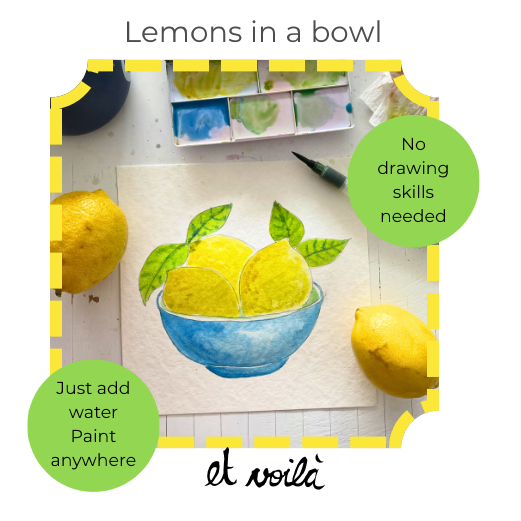 Mini Et Voila watercolour kit with lemons in a blue bowl