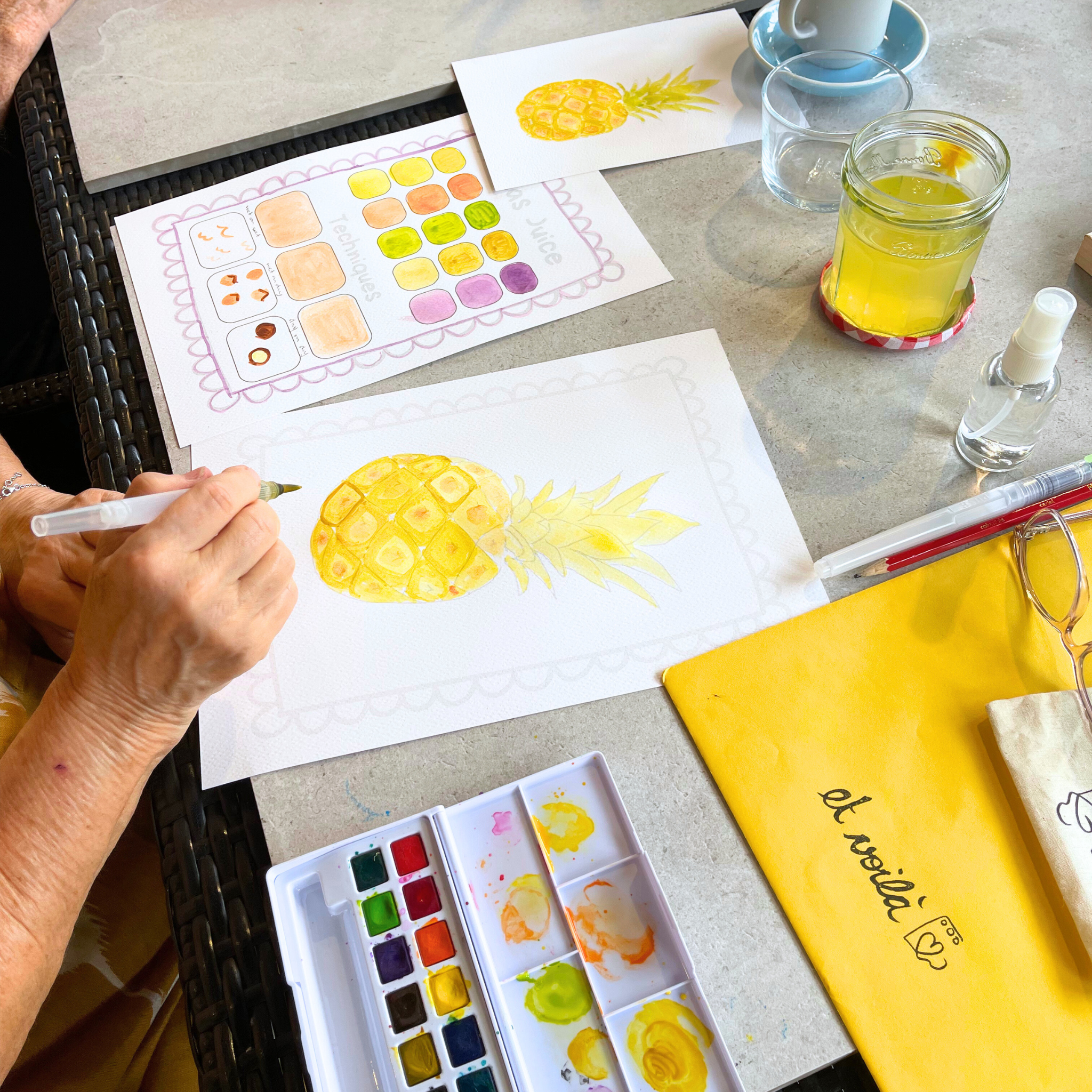 Summer fruit watercolour workshop with pre-drawn fruit designs and painting exercises.