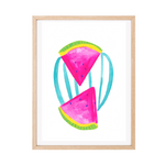 Framed original gouache artwork featuring two pink watermelon slices with green rinds, set against a white background with a light wood frame.