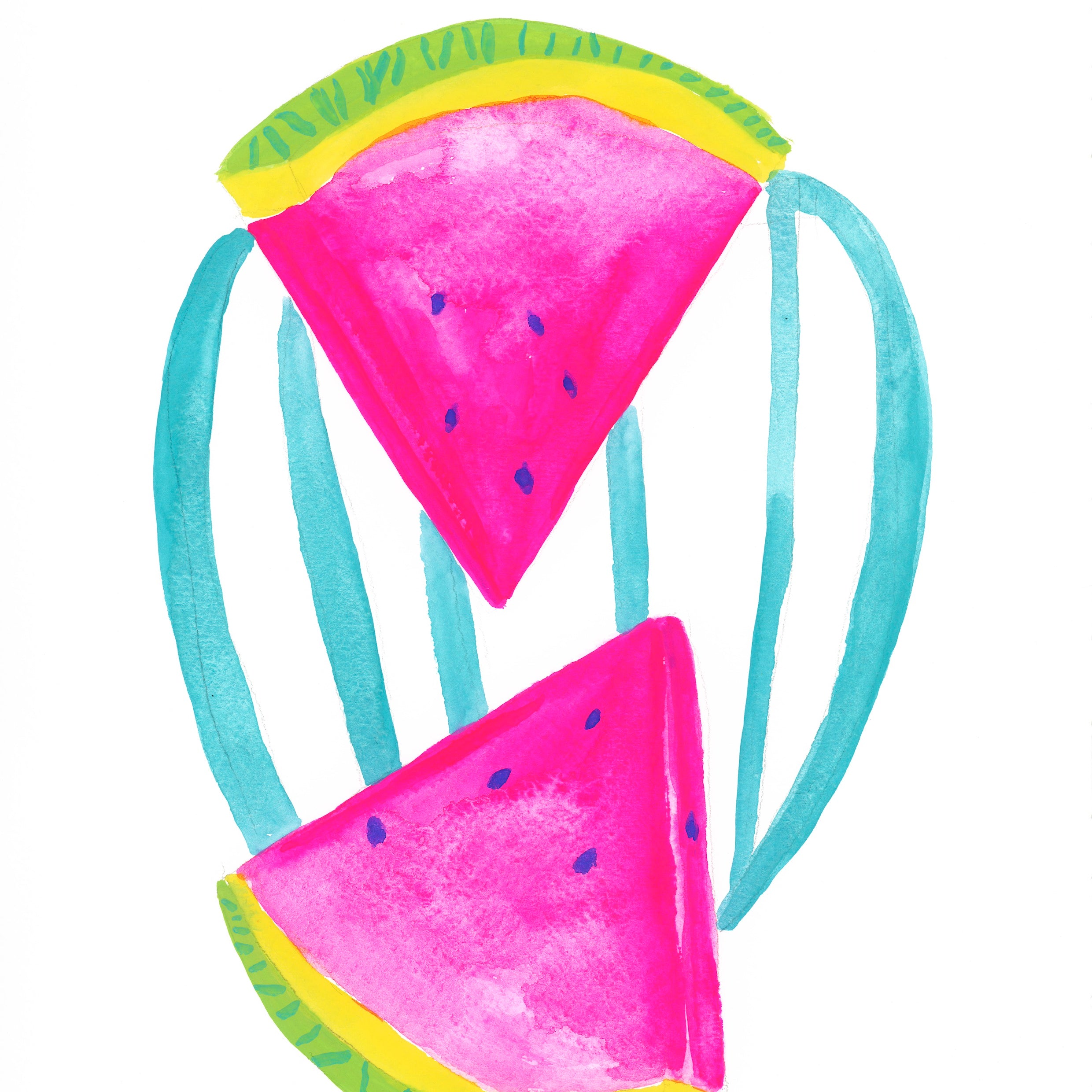 Original gouache illustration of two watermelon slices with turquoise and green striped accents on a white background.
