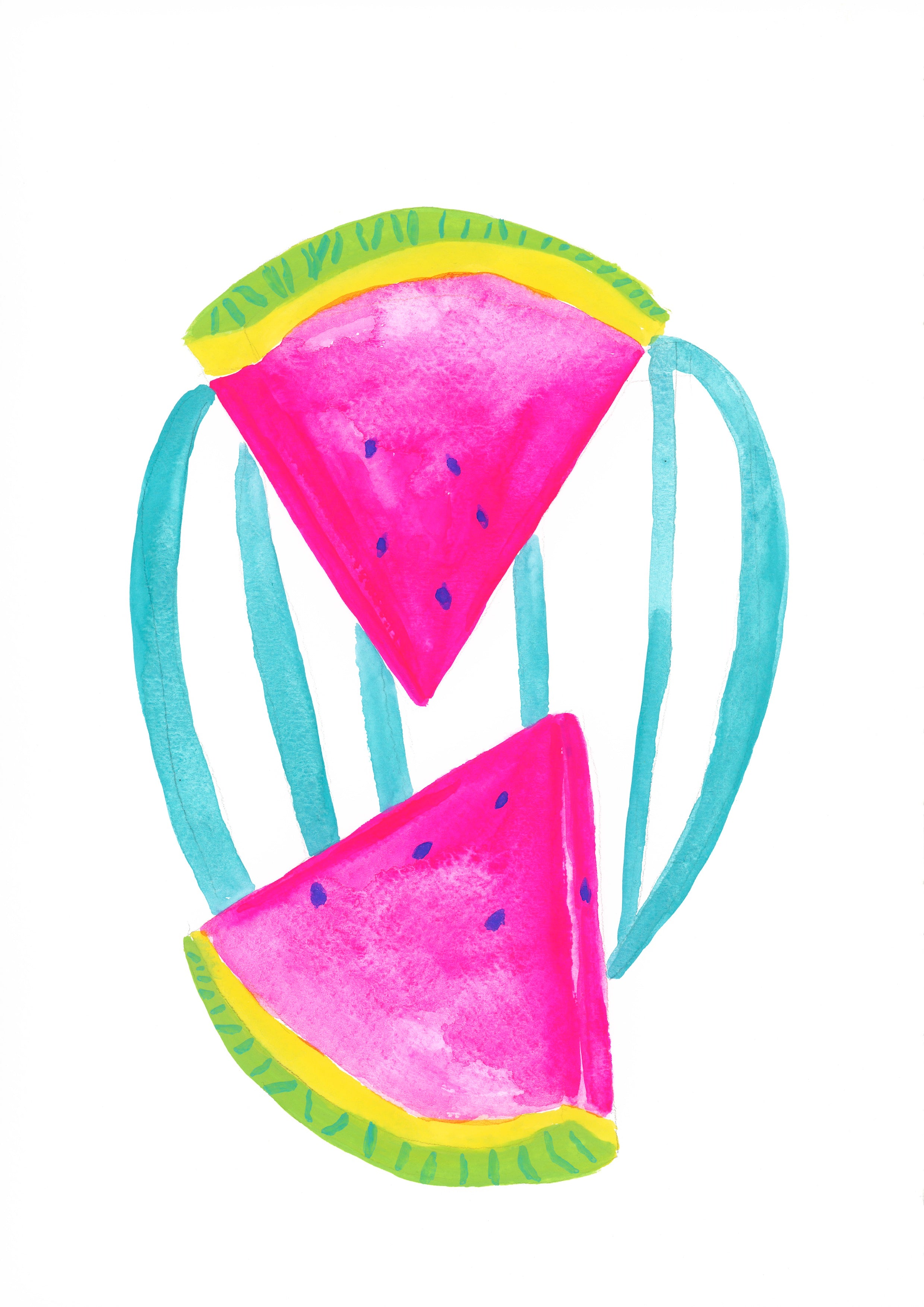 Original gouache illustration of two watermelon slices with turquoise and green striped accents on a white background.