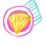 A colourful original gouache illustration of a slice of yellow pineapple on a pink plate, with a light blue striped napkin on a plain white background.