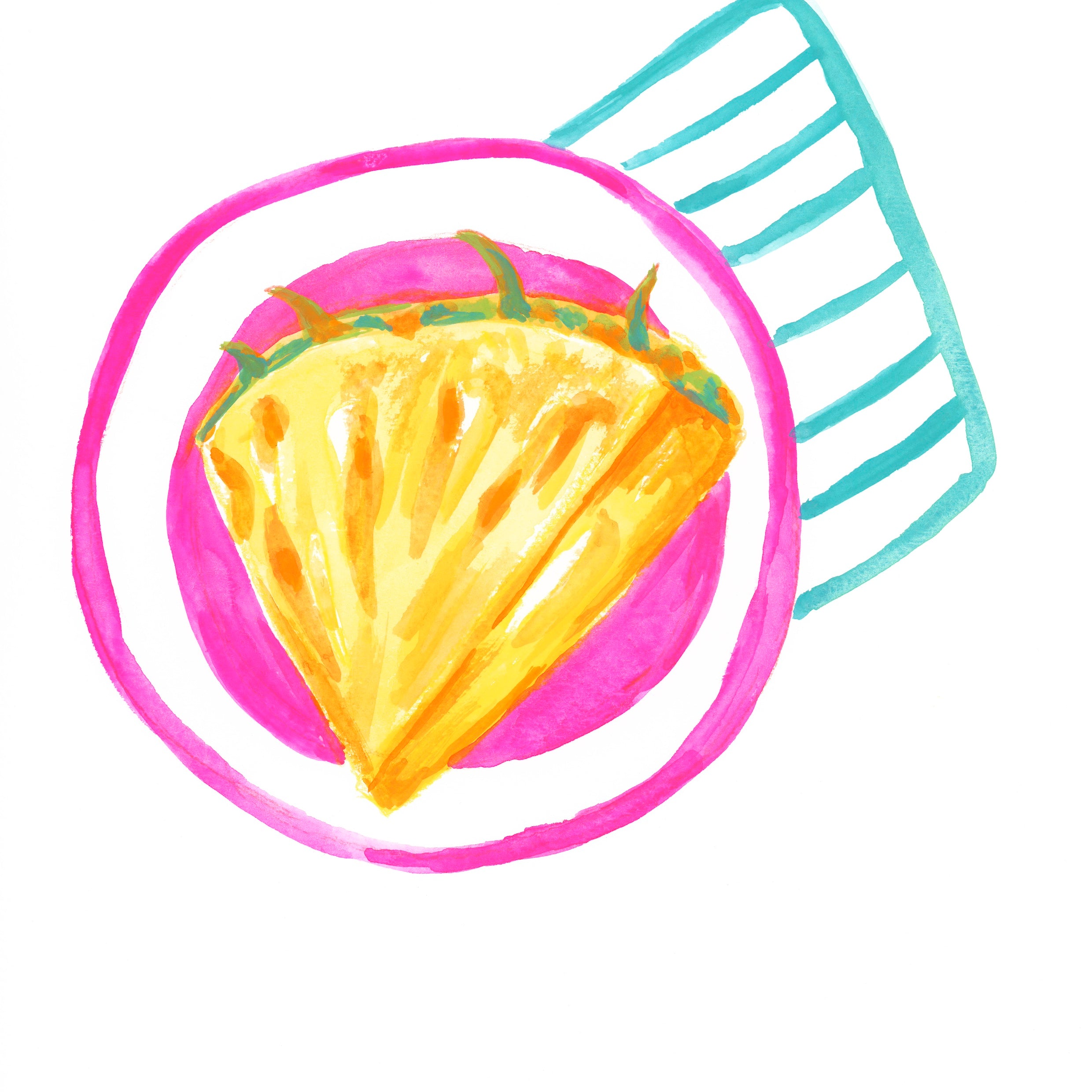 A colourful original gouache illustration of a slice of yellow pineapple on a pink plate, with a light blue striped napkin on a plain white background.