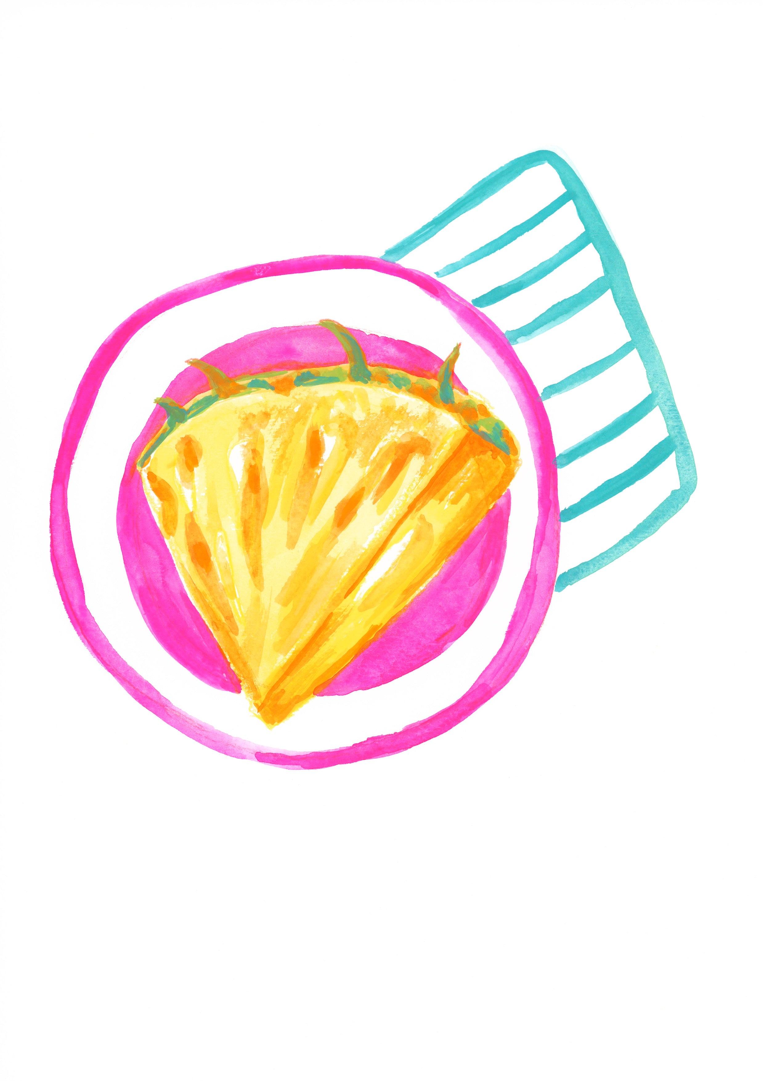 A colourful original gouache illustration of a slice of yellow pineapple on a pink plate, with a light blue striped napkin on a plain white background.