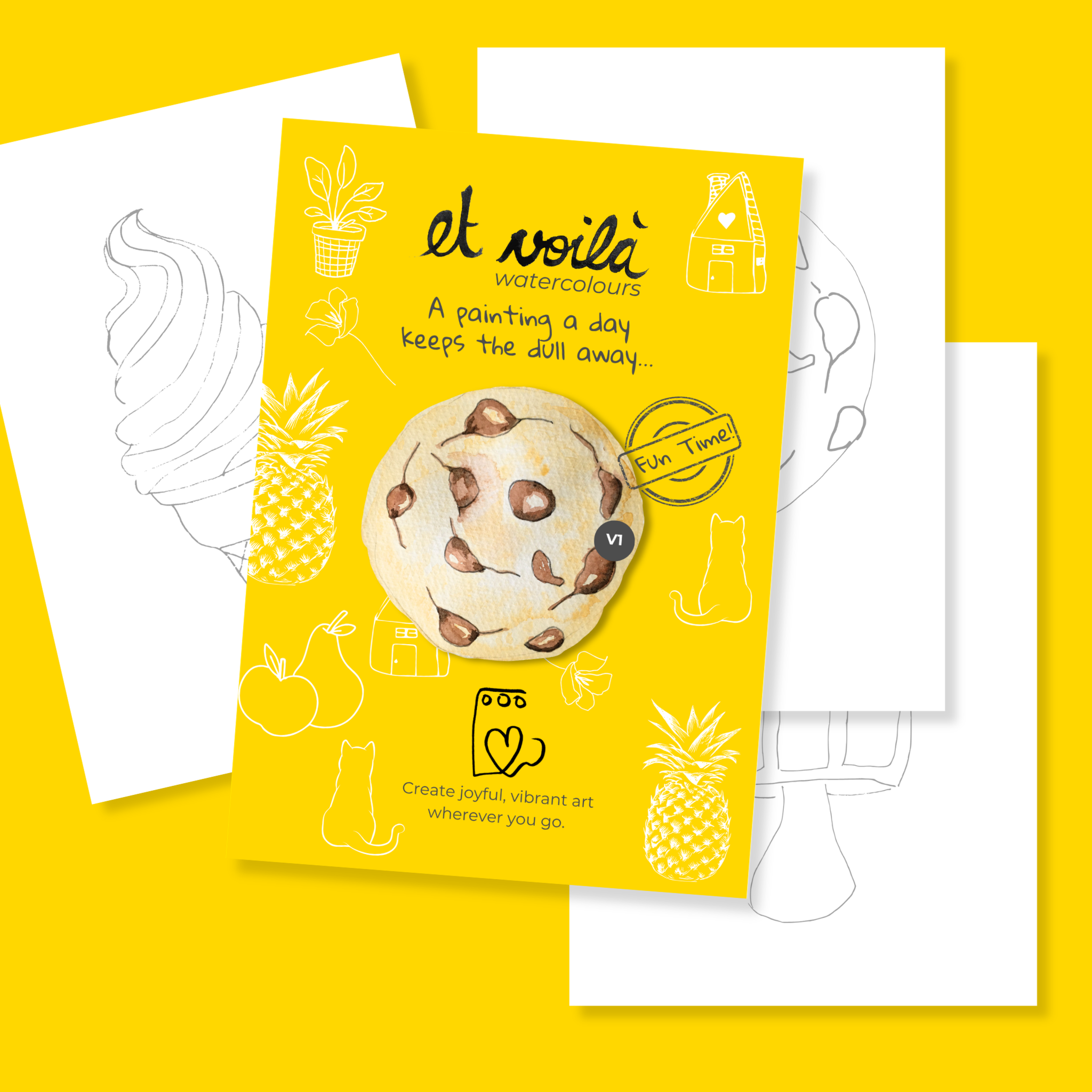 Beginner-friendly all-in-one watercolour painting kit with a pre-drawn food illustration by Et Voilà Studios.