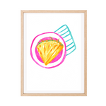 Framed original artwork featuring a stylized yellow pineapple slice inside a pink circle, with a turquoise striped shape in the background, set in a light natural wood frame on a white background.