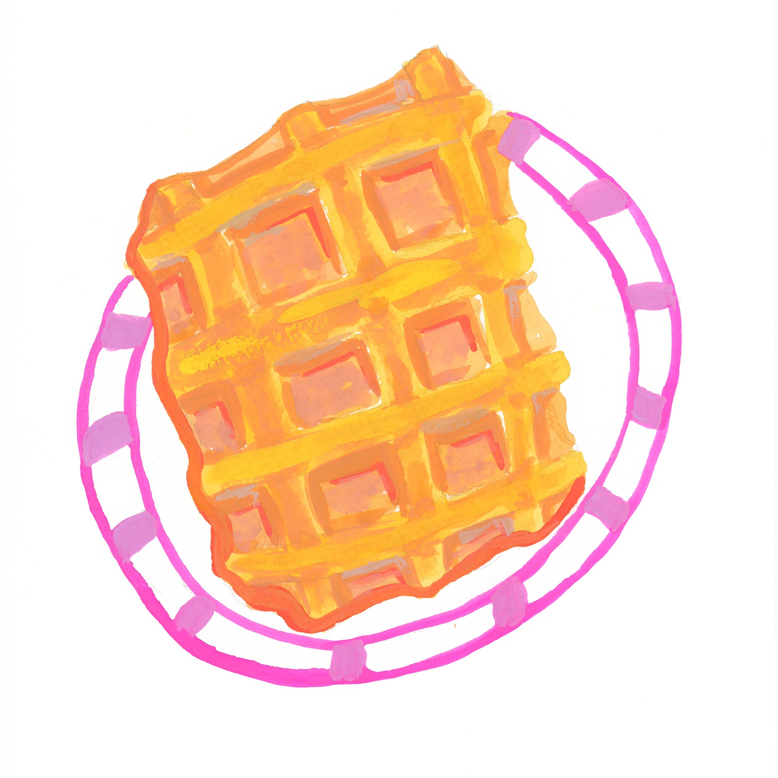 A stylized illustration of a golden-orange waffle on a pink plate against a plain white background.