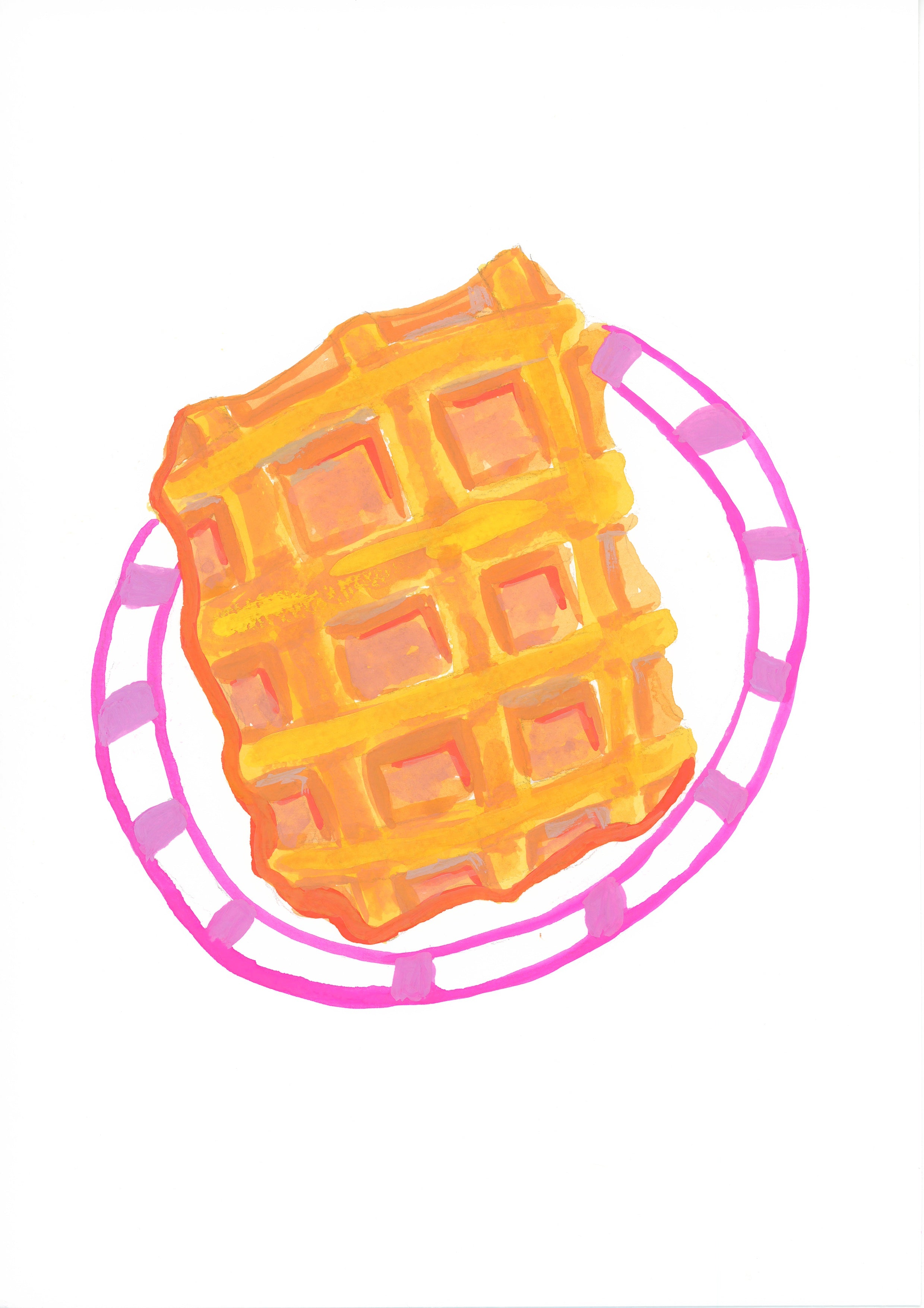 A stylized illustration of a golden-orange waffle on a pink plate against a plain white background.