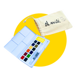 12-colour travel watercolour kit with aqua brush & straw bag. Et Voilà Studios