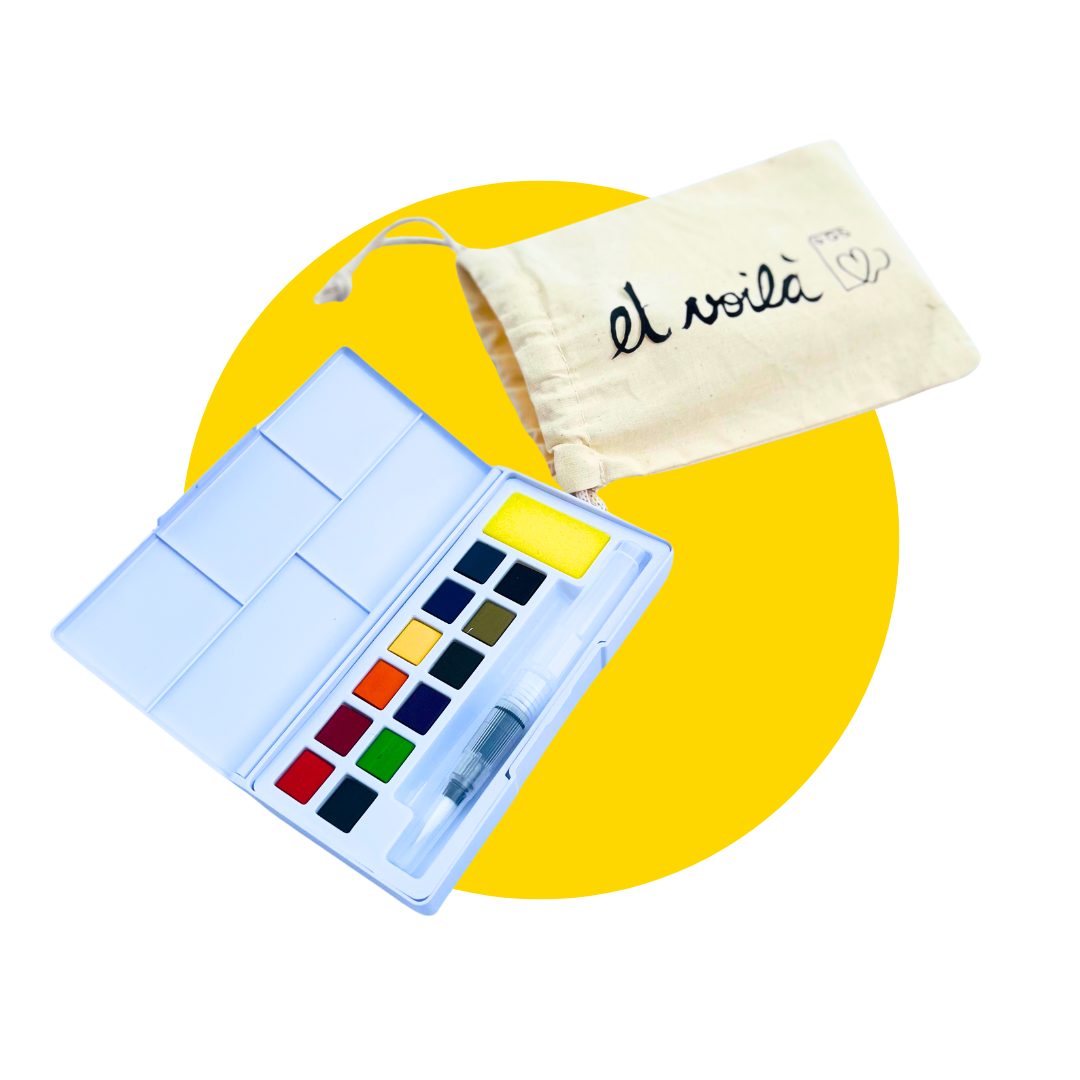 12-colour travel watercolour kit with aqua brush & straw bag. Et Voilà Studios